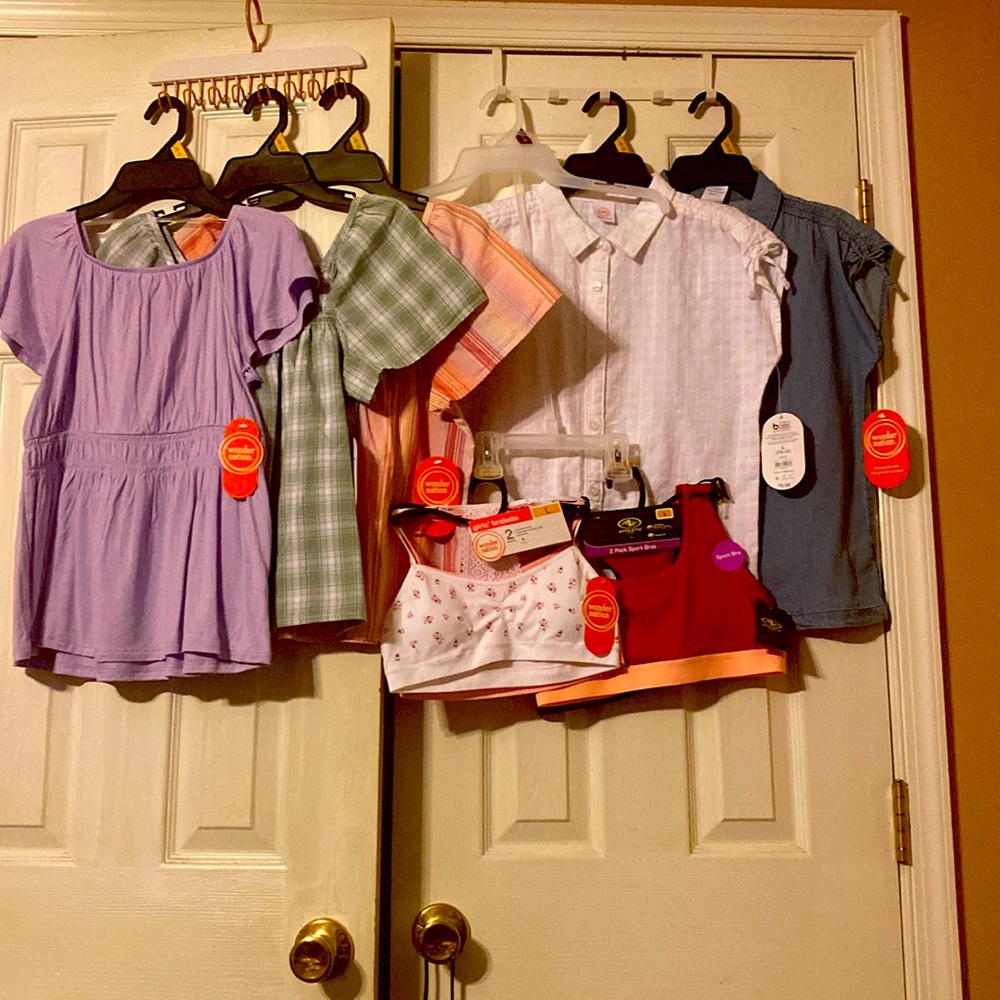 Wonder Nation girls smocked tops, camp shirts, bralettes and sport bras; L(10-12
